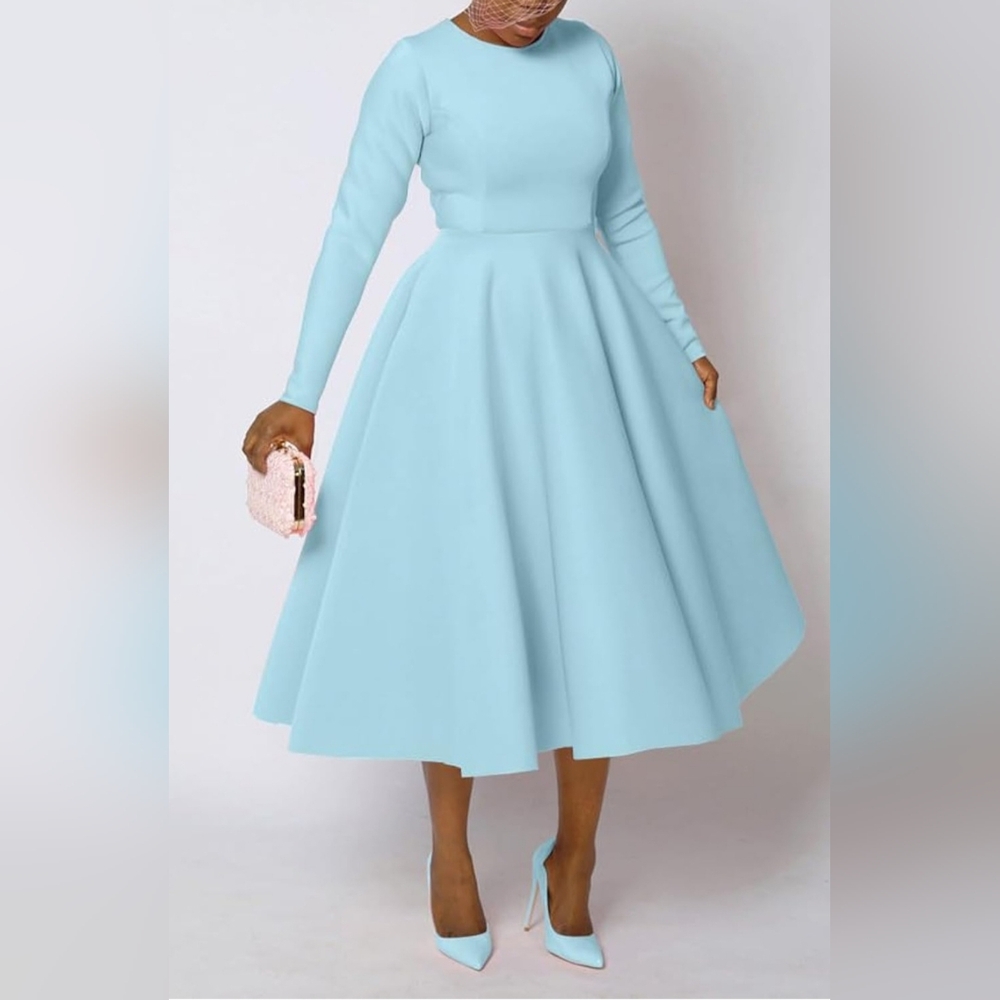 New! Light Blue Classic Vintage Style Swing Long Sleeve Dress With Pockets!